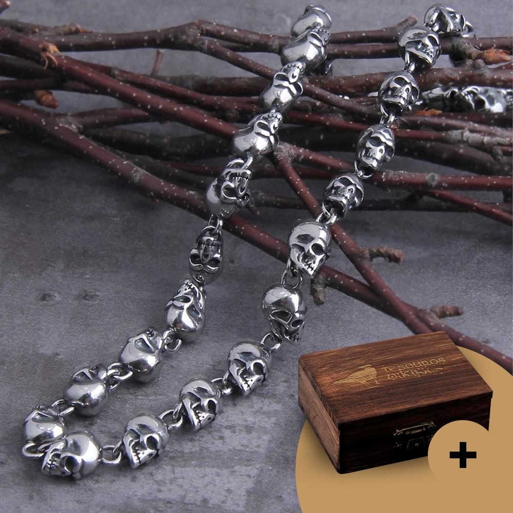 Colar Masculino de Caveiras em Aço Inoxidável Necklace Tesouros Vikings