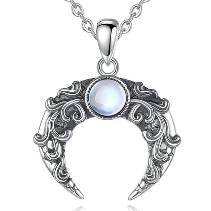 Colar Meia Lua com Pedra Lunar em Prata 925 Necklace Tesouros Vikings