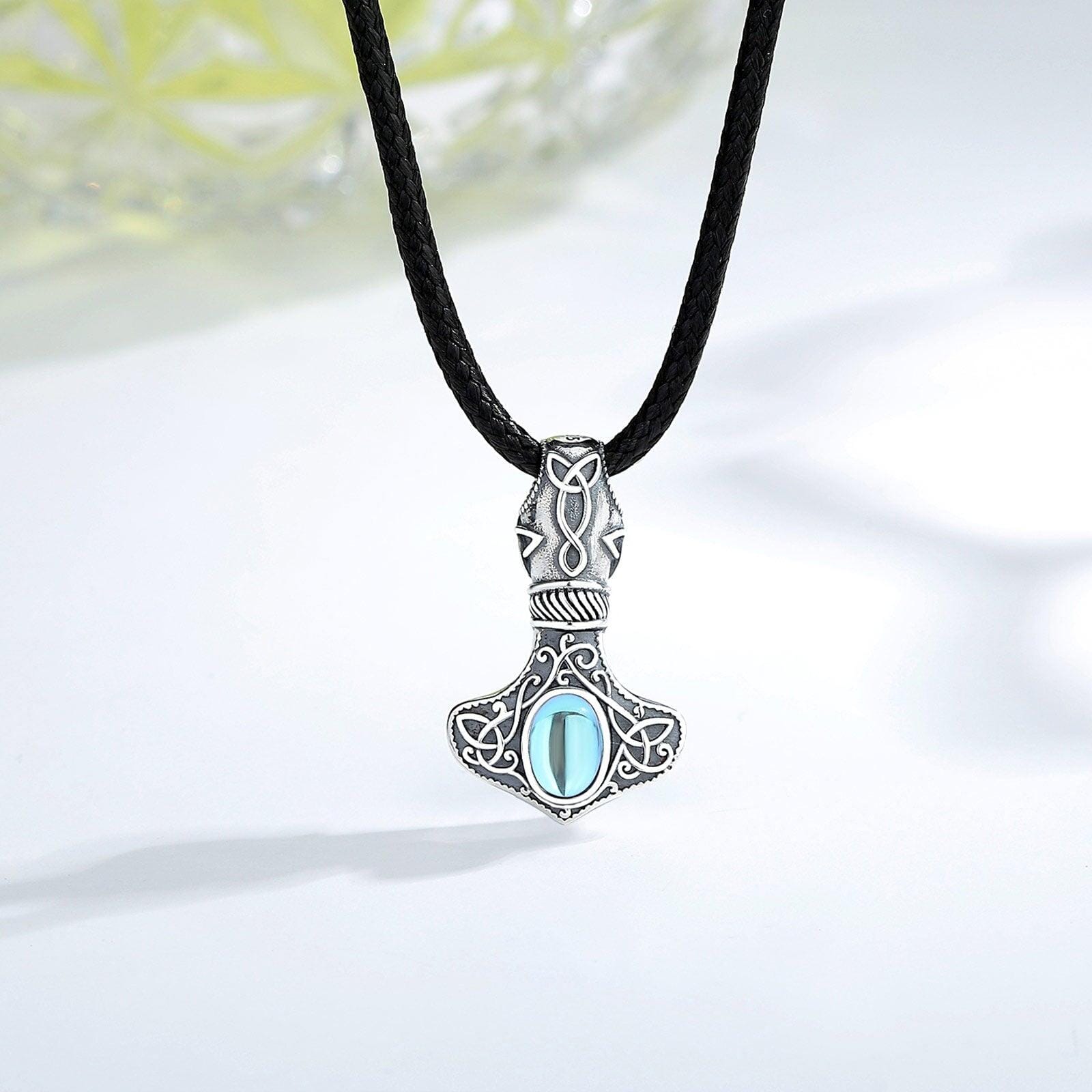 Colar Mjolnir com pedra da lunar em Prata 925 Necklace Tesouros Vikings