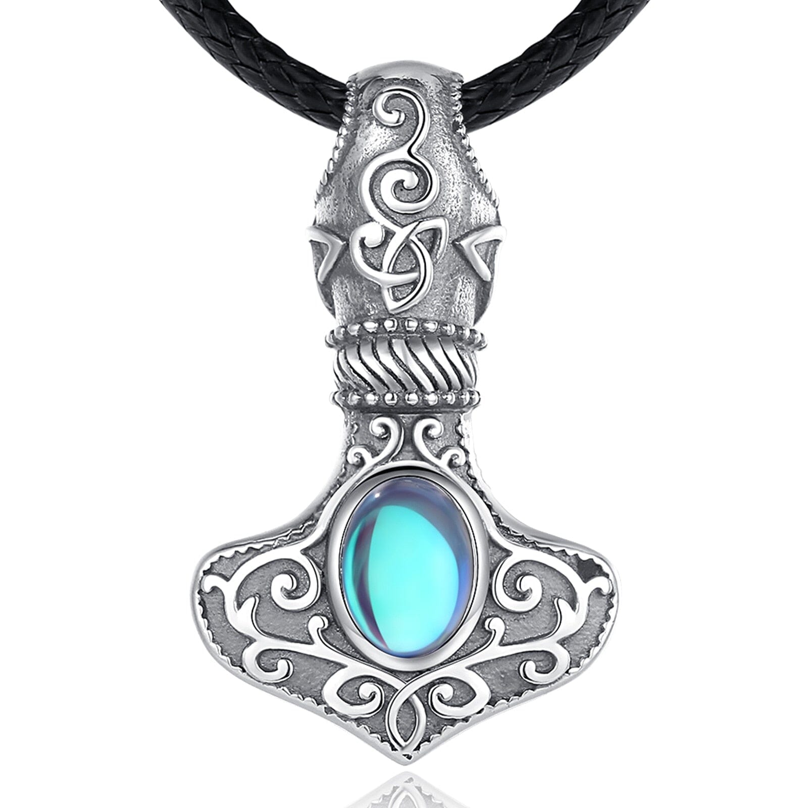 Colar Mjolnir com pedra da lunar em Prata 925 Necklace Tesouros Vikings