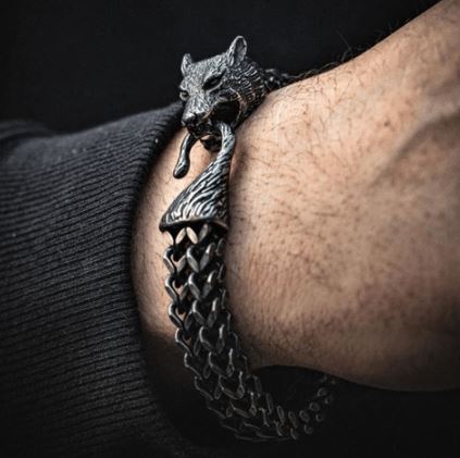 FENRIR - Pulseira de Lobo em Aço Inoxidável Bracelet Tesouros Vikings