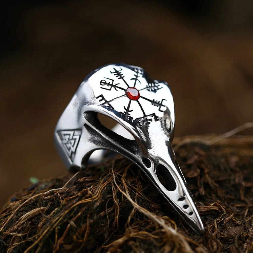 HUGNINN - Anel de Corvo com Runa Vegvisir em Aço inoxidável Ring Tesouros Vikings