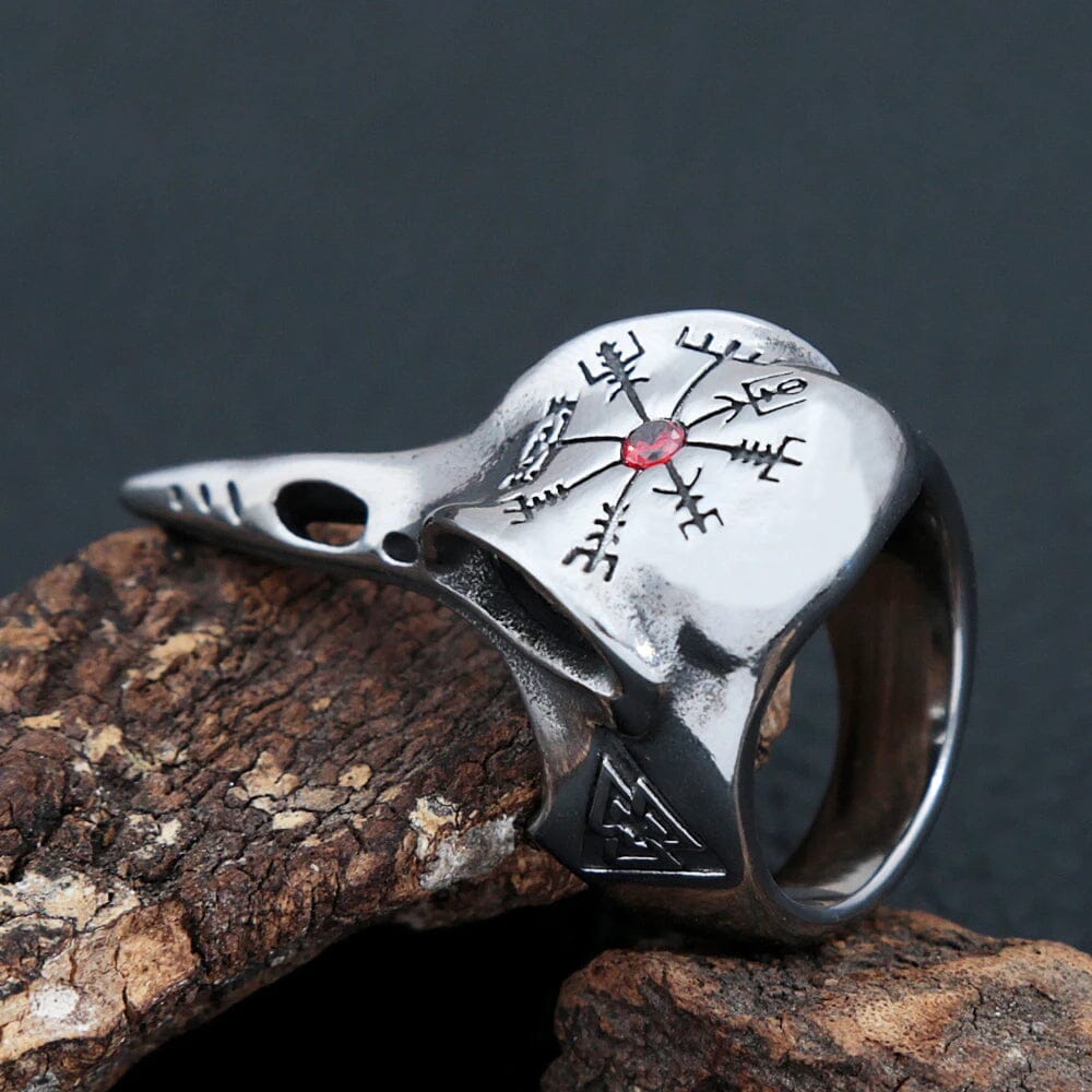 HUGNINN - Anel de Corvo com Runa Vegvisir em Aço inoxidável Ring Tesouros Vikings