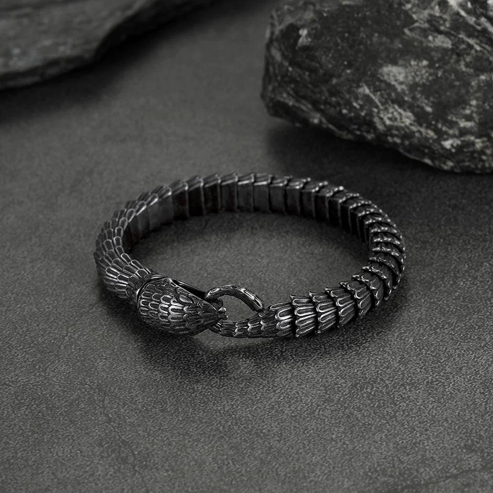 JORMUNGANDR - Pulseira Serpente do Mundo em Aço Inoxidável Bracelet Tesouros Vikings