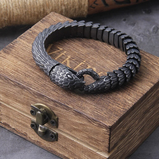 JORMUNGANDR - Pulseira Serpente do Mundo em Aço Inoxidável Bracelet Tesouros Vikings