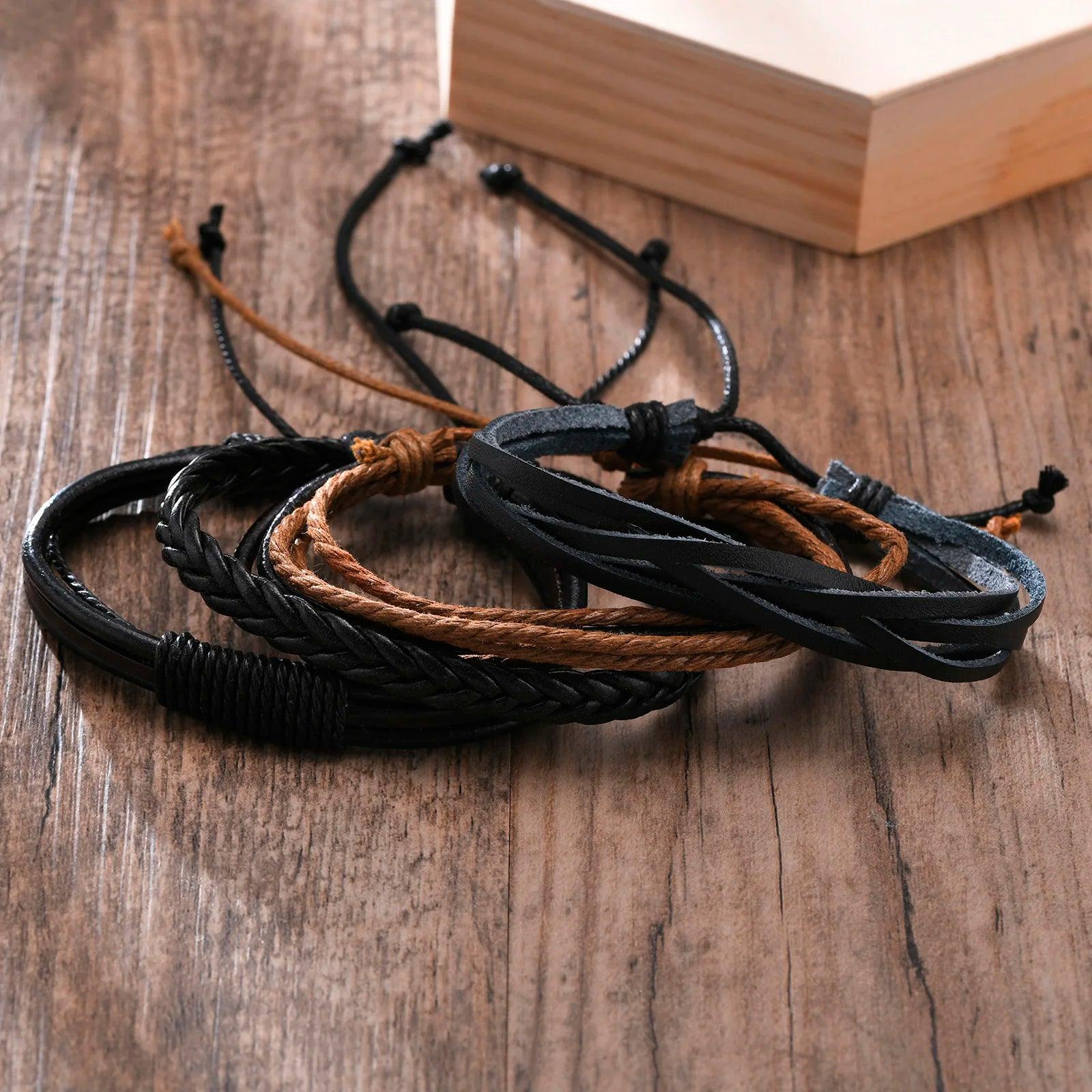 Kit de Pulseiras em Couro - 4 Peças Ajustável Bracelet Tesouros Vikings