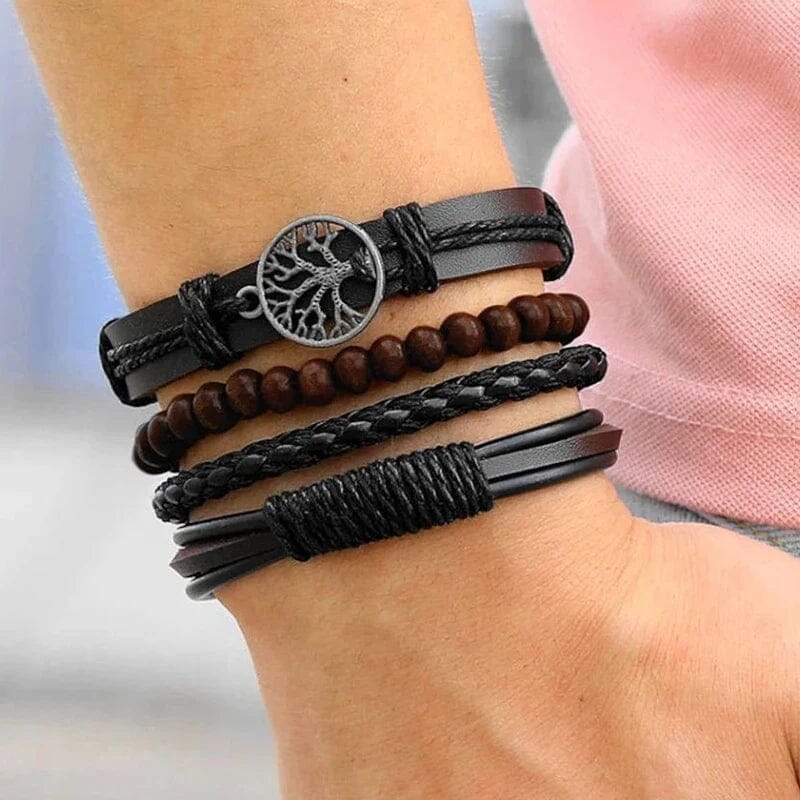Kit de Pulseiras em Couro - 4 Peças Ajustável Bracelet Tesouros Vikings