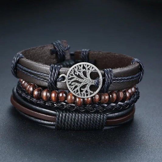 Kit de Pulseiras em Couro - 4 Peças Ajustável Bracelet Tesouros Vikings