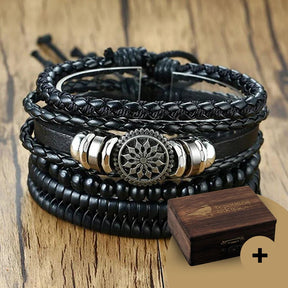 Kit de Pulseiras em Couro - 4 Peças Ajustável Bracelet Tesouros Vikings