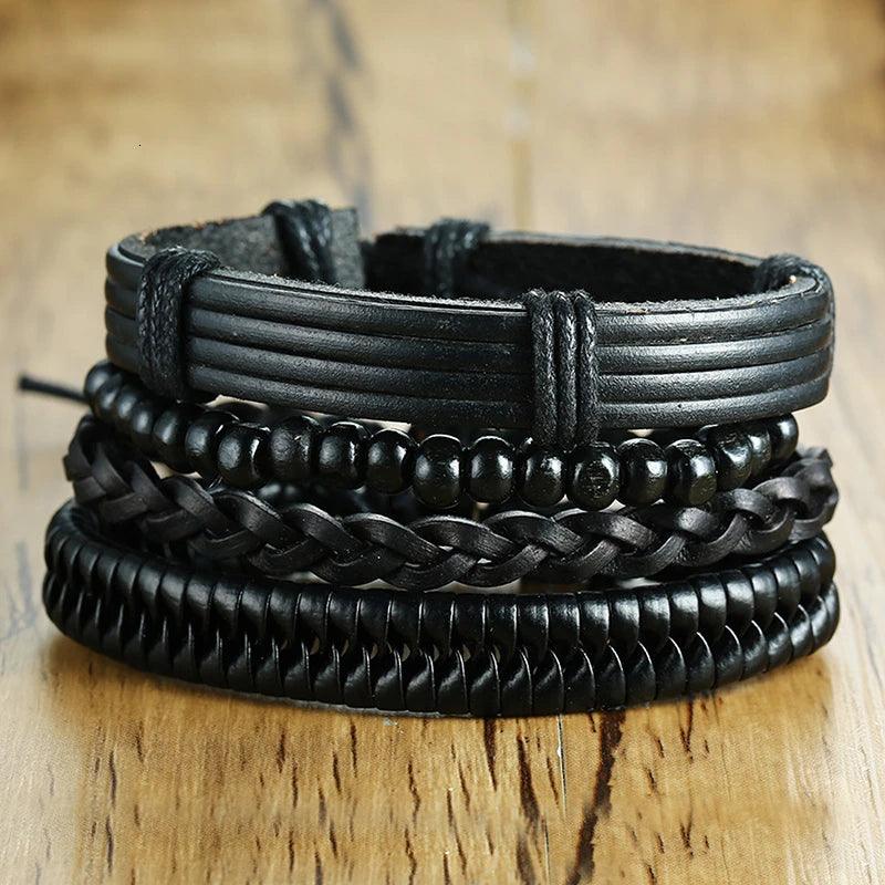 Kit de Pulseiras em Couro - 4 Peças Ajustável Bracelet Tesouros Vikings