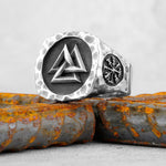 Odin - Anel Valknut + Vegvisir - Aço Inoxidável Ring Tesouros Vikings