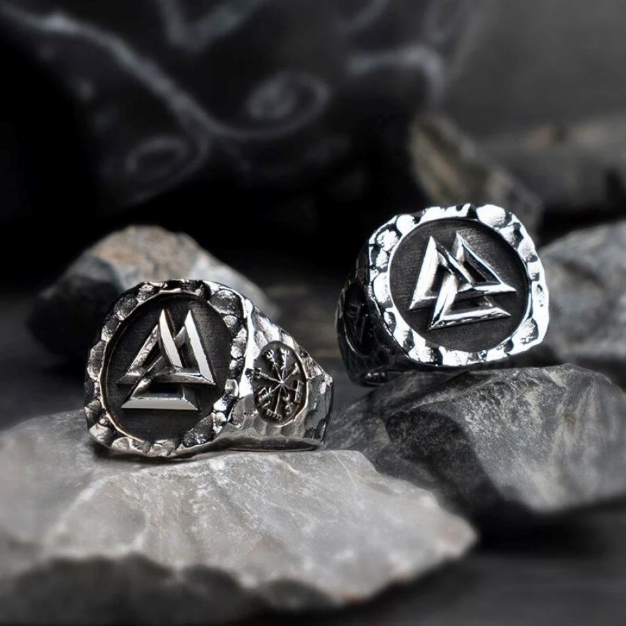 Odin - Anel Valknut + Vegvisir - Aço Inoxidável Ring Tesouros Vikings