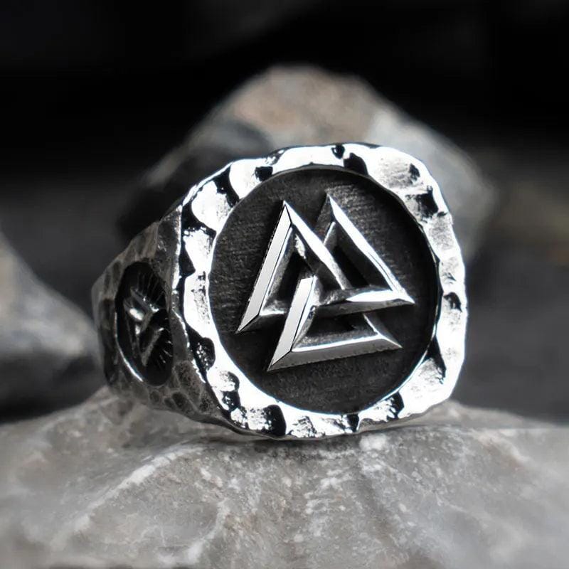 Odin - Anel Valknut + Vegvisir - Aço Inoxidável Ring Tesouros Vikings