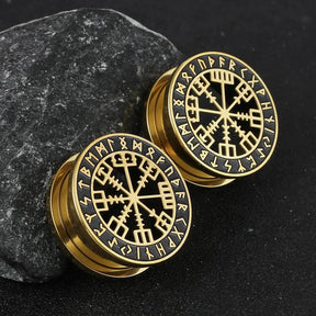 Par de Alargadores - Runa Vegvisir em Aço Inoxidável Brincos Tesouros Vikings