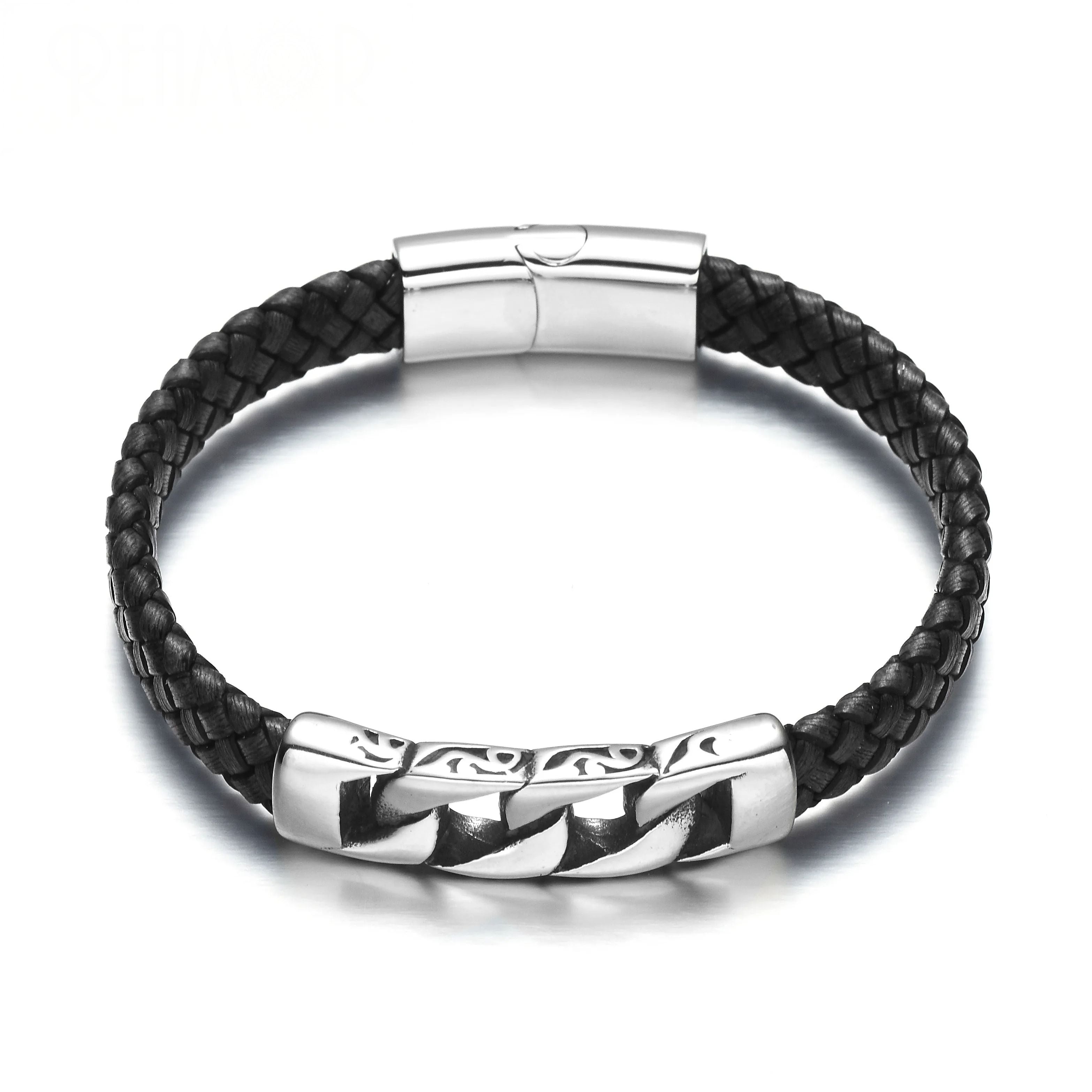 Pulseira Braided Steel – Couro Trançado e Aço Inoxidável Bracelet Tesouros Vikings