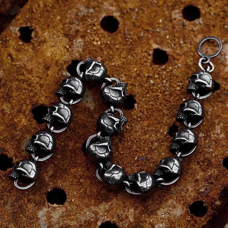 Pulseira De Caveiras Negras Vikings em Aço Inoxidável Bracelet Tesouros Vikings