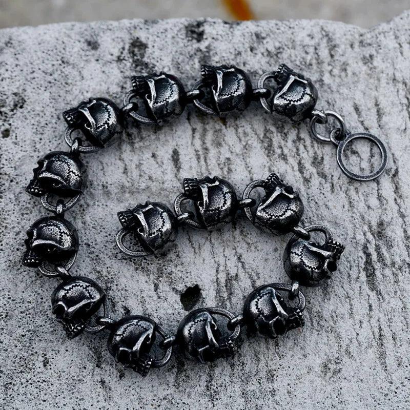 Pulseira De Caveiras Negras Vikings em Aço Inoxidável Bracelet Tesouros Vikings