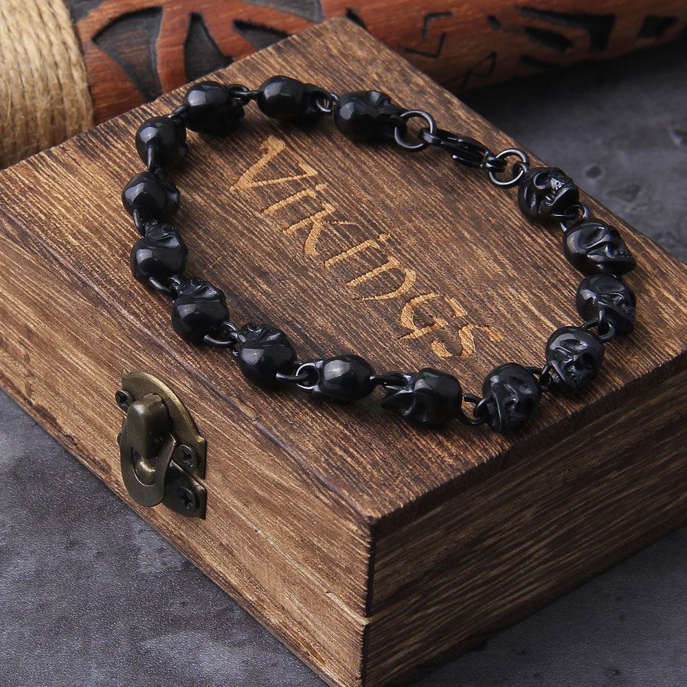 Pulseira de Caveiras Vikings em Aço Inoxidável Bracelet Tesouros Vikings