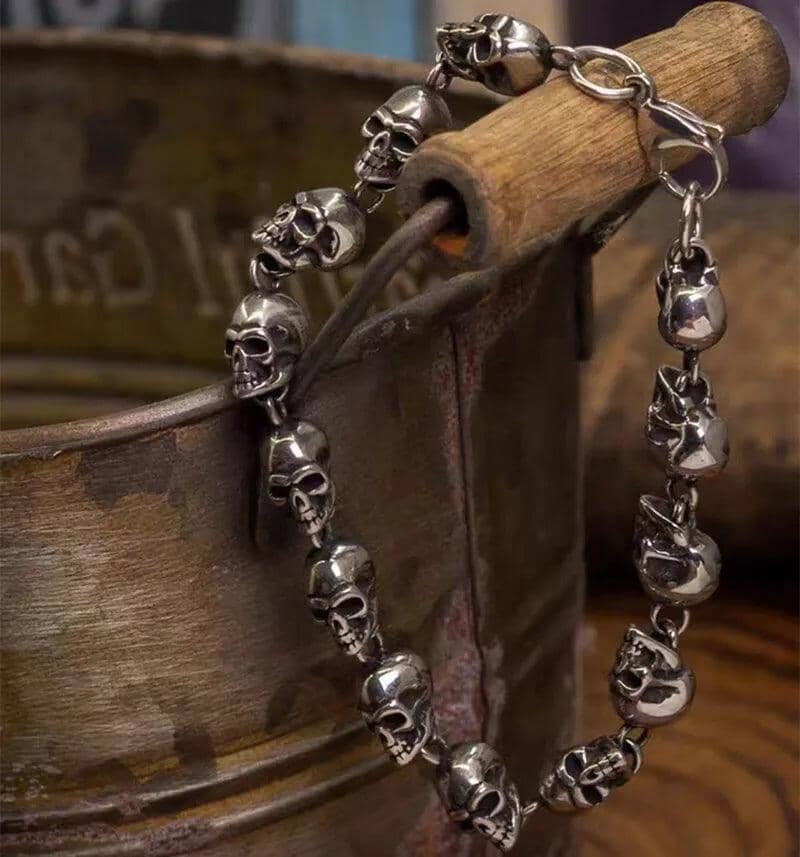 Pulseira de Caveiras Vikings em Aço Inoxidável + Porta Joias de Madeira Bracelet Tesouros Vikings