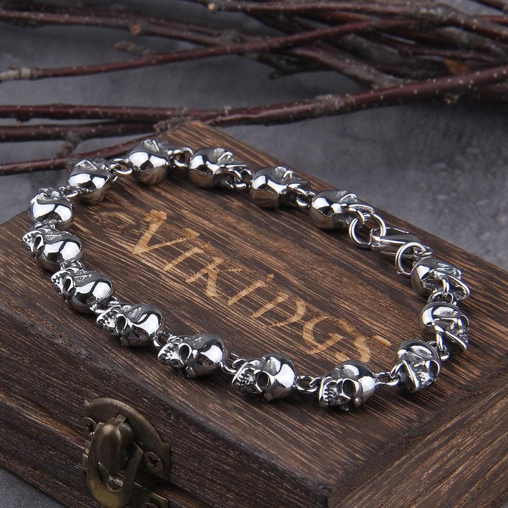 Pulseira de Caveiras Vikings em Aço Inoxidável + Porta Joias de Madeira Bracelet Tesouros Vikings