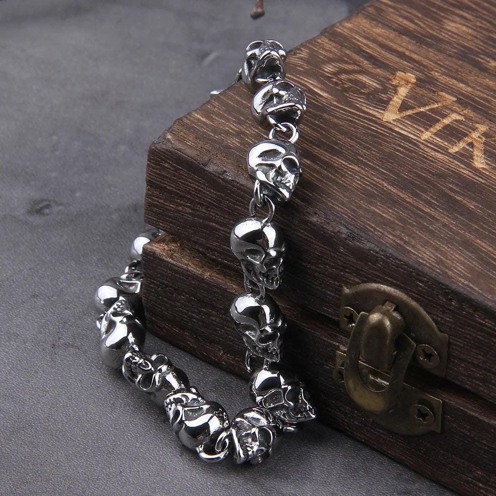 Pulseira de Caveiras Vikings em Aço Inoxidável + Porta Joias de Madeira Bracelet Tesouros Vikings