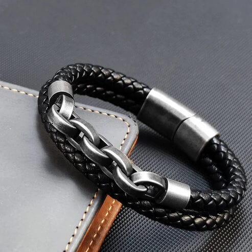 Pulseira de Couro Duplo e Correntes em Aço Inoxidável Bracelet Tesouros Vikings
