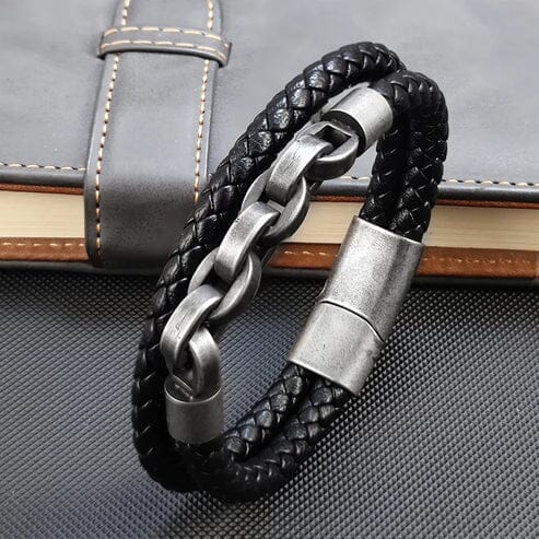 Pulseira de Couro Duplo e Correntes em Aço Inoxidável Bracelet Tesouros Vikings
