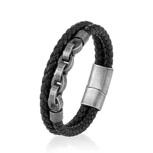 Pulseira de Couro Duplo e Correntes em Aço Inoxidável Bracelet Tesouros Vikings