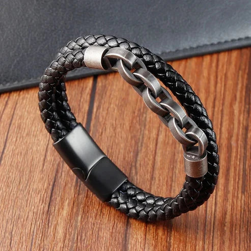 Pulseira de Couro Duplo e Correntes em Aço Inoxidável Bracelet Tesouros Vikings