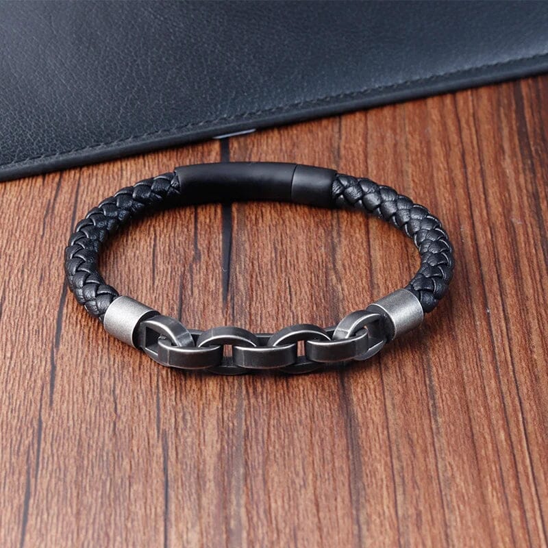 Pulseira de Couro e Correntes em Aço Inoxidável Bracelet Tesouros Vikings