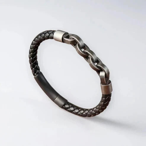 Pulseira de Couro e Correntes em Aço Inoxidável Bracelet Tesouros Vikings