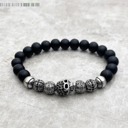 Pulseira Erik de Caveira em Prata 925 e Pedra Preta de Obsidiana Bracelet Tesouros Vikings