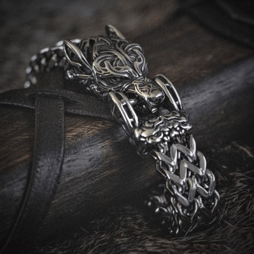 Pulseira Lobo Ancestral em Aço inoxidável Bracelet Tesouros Vikings