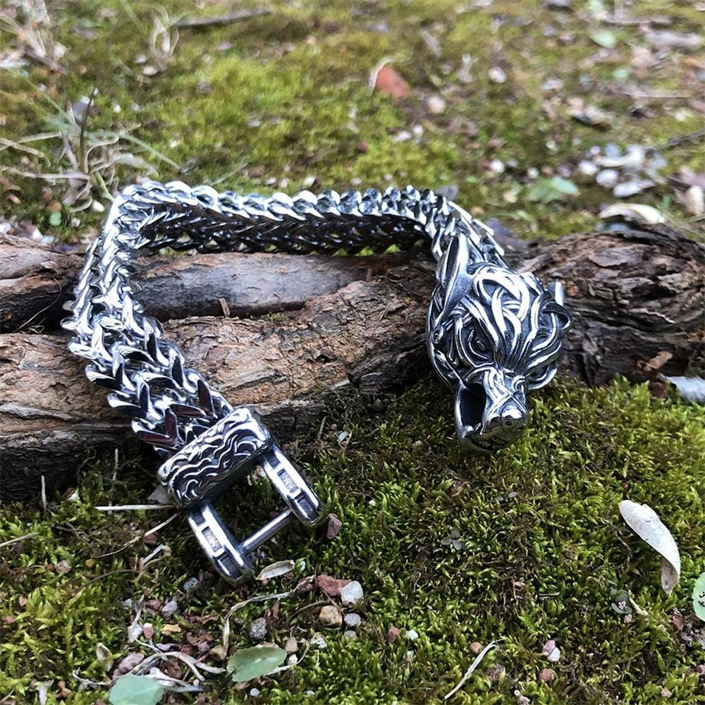 Pulseira Lobo Ancestral em Aço inoxidável Bracelet Tesouros Vikings