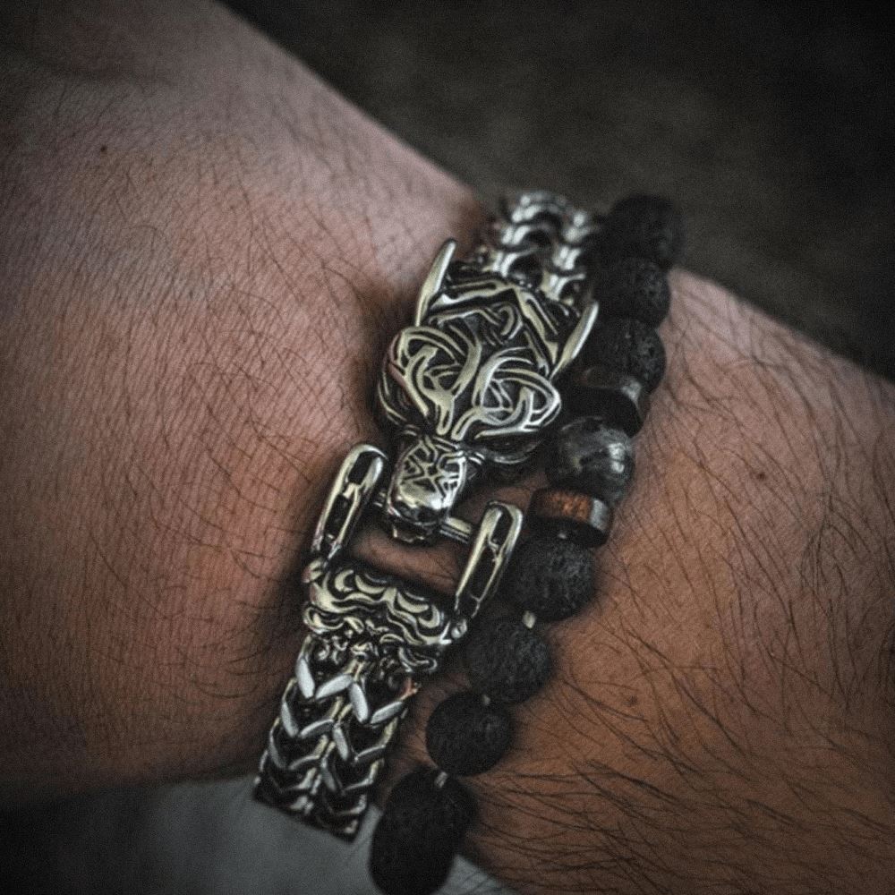 Pulseira Lobo Ancestral em Aço inoxidável Bracelet Tesouros Vikings