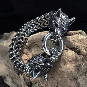 Pulseira Lobo Viking em Aço Inoxidável + Porta Joias De Madeira Bracelet Tesouros Vikings