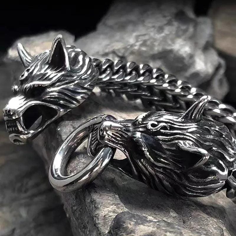 Pulseira Lobo Viking em Aço Inoxidável + Porta Joias De Madeira Bracelet Tesouros Vikings