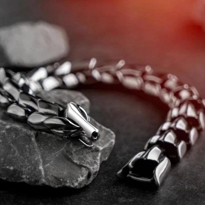 Pulseira Masculina Escamas de Dragão em Aço Inoxidável Bracelet Tesouros Vikings