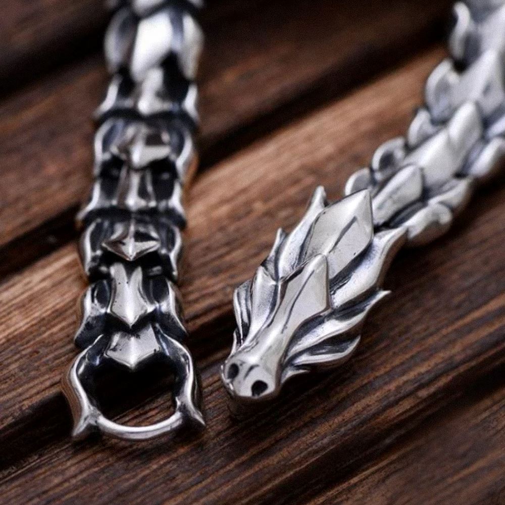 Pulseira Masculina Escamas de Dragão em Aço Inoxidável Bracelet Tesouros Vikings