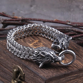 Pulseira Masculina Lobo Viking em Aço Inoxidável Bracelet Tesouros Vikings