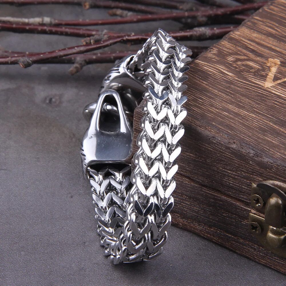 Pulseira Masculina Lobo Viking em Aço Inoxidável Bracelet Tesouros Vikings