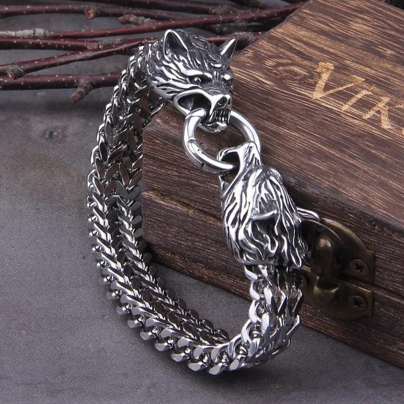 Pulseira Masculina Lobo Viking em Aço Inoxidável Bracelet Tesouros Vikings