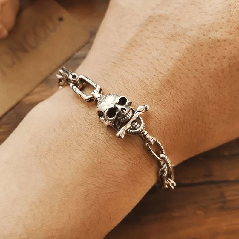 Pulseira Viking Skull em Prata 925 Bracelet Tesouros Vikings