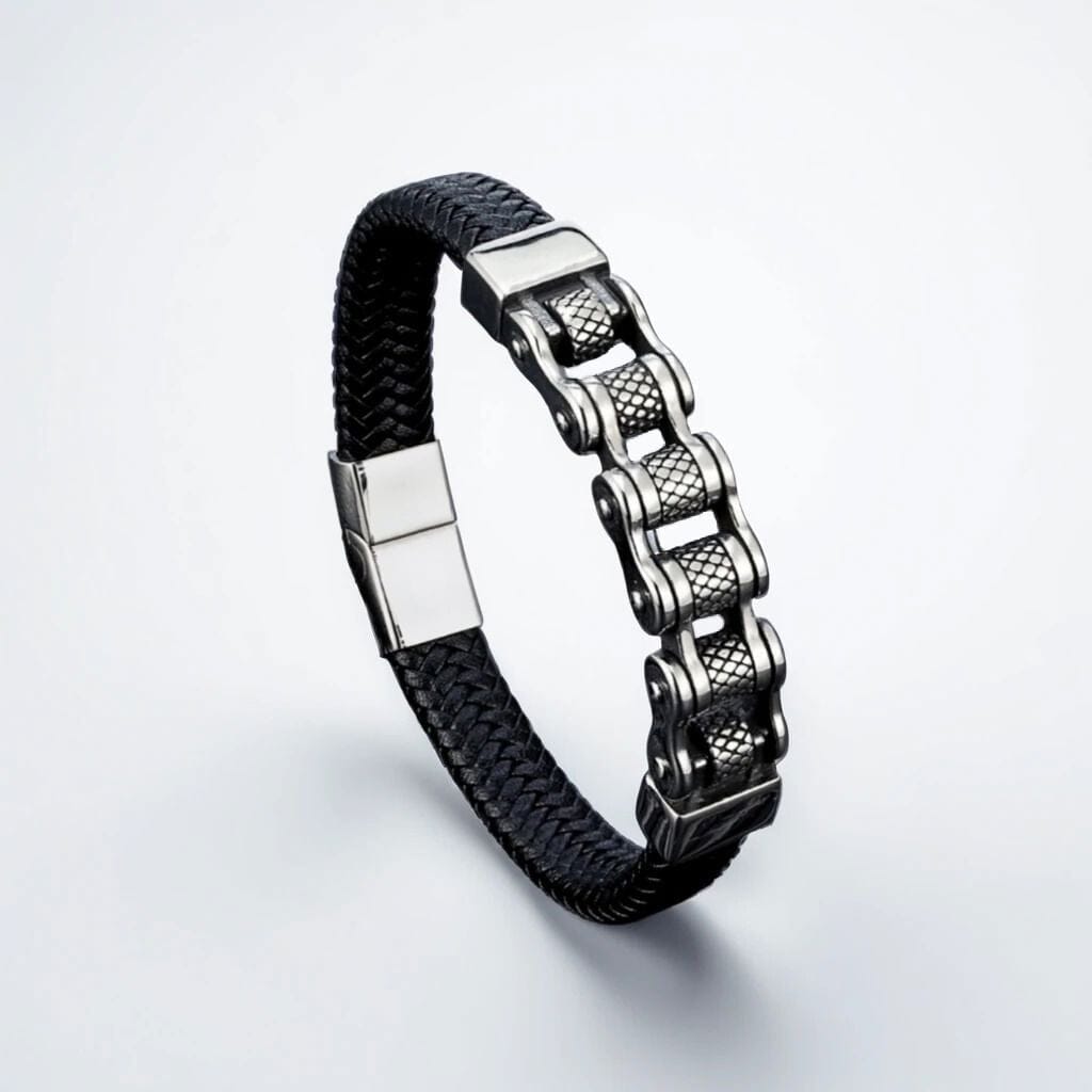 Pulseira Wanderer’s Chain – Couro e Aço Inoxidável Bracelet Tesouros Vikings